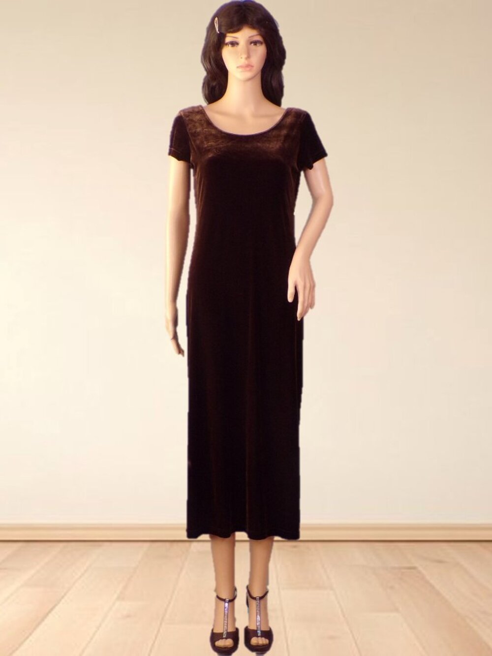 MAGGY LONDON brown velvet short-sleeve midi sheath dress unknown S - M size
